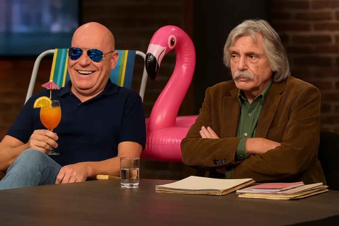 René van der Gijp in strandstoel met zonnebril en cocktail, terwijl Johan Derksen nors toekijkt vanuit een donkere hoek met shag en dossiers